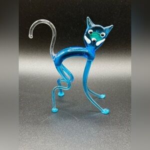 Vintage MCM Murano-Style Blue Glass Cat Unique Animal Figurine